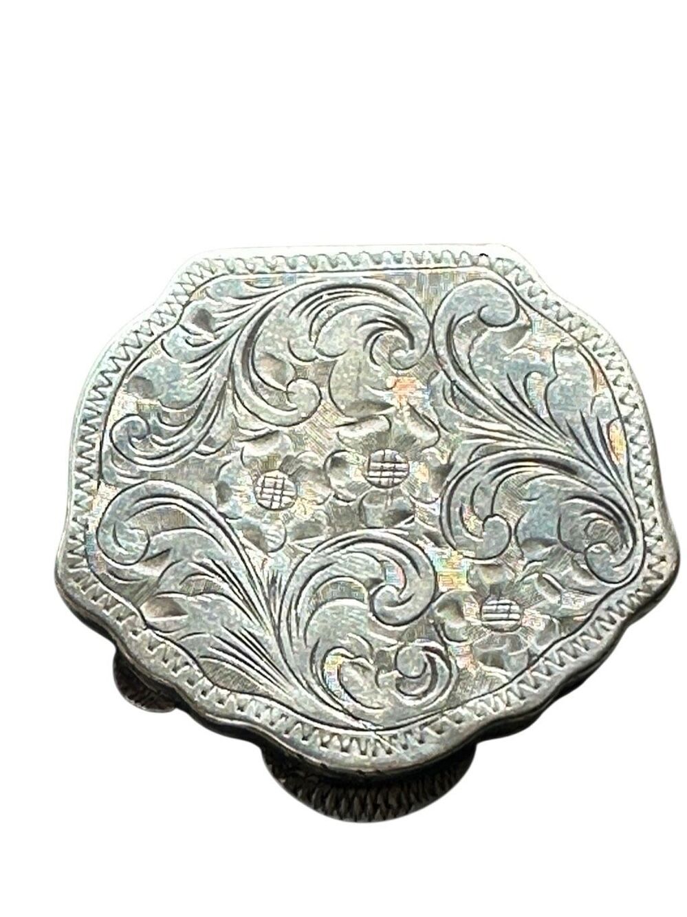 Antique 800 Silver Powder Compact Pill Box Hand Engraved Floral Scroll